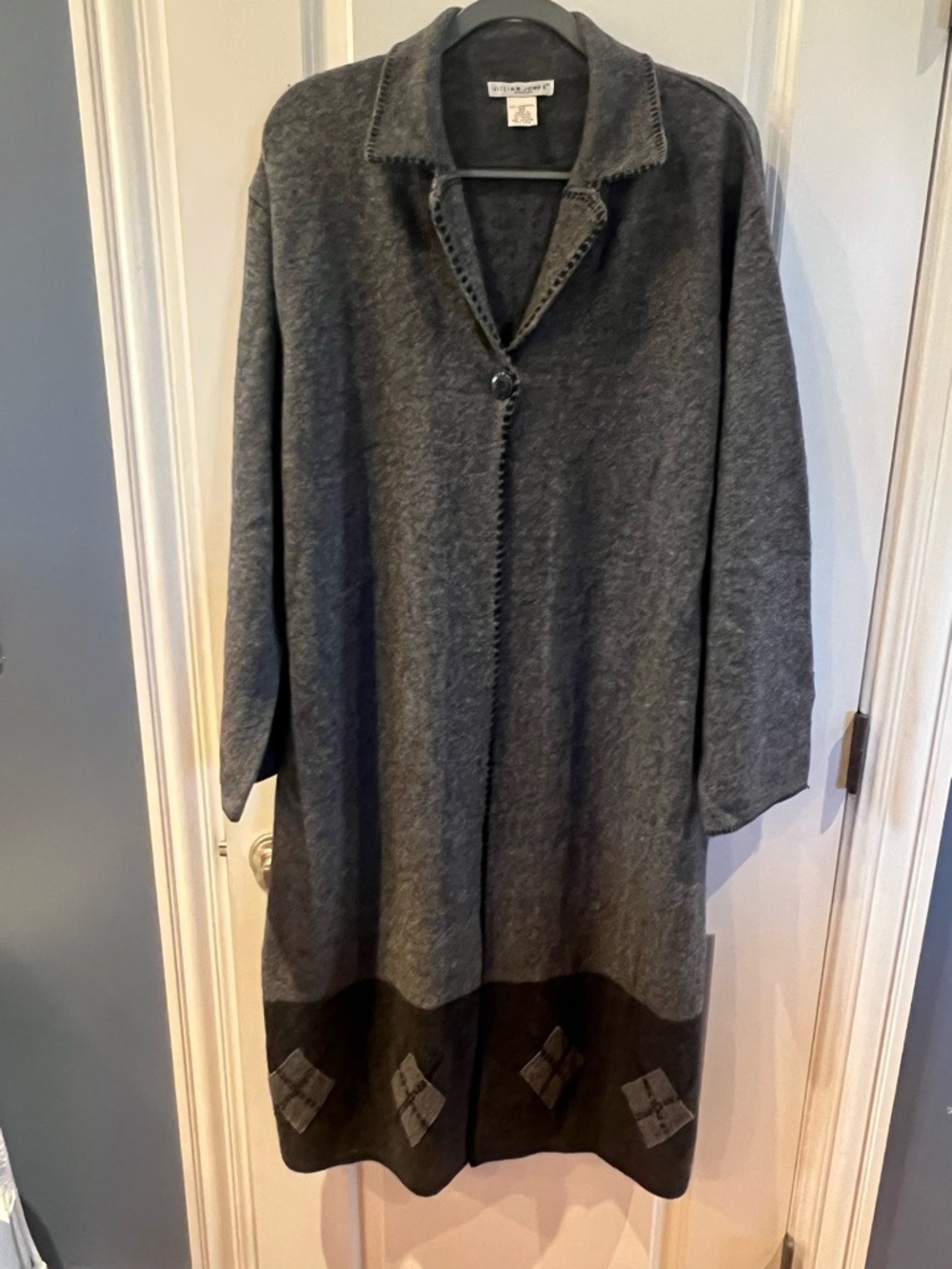 Jillian Jones Woman cardigan is a gray, 100% lambswool button-down sweater 3X